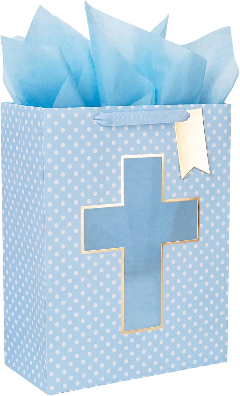 Baby Boy Baptism Gift Bag with Cross Design, 10
