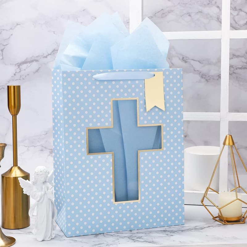Baby Boy Baptism Gift Bag with Cross Design, 10