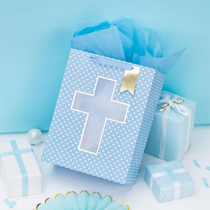 Baby Boy Baptism Gift Bag with Cross Design, 10