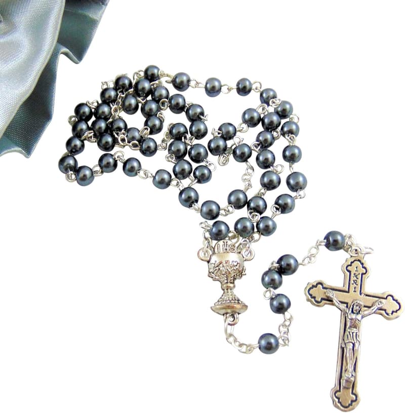 First Holy Communion Deluxe Rosary Beads Set with Gift Bag for Him
