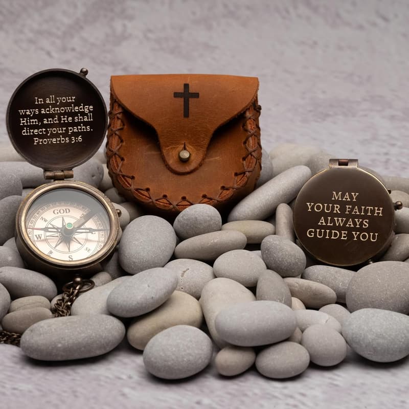 Antique Compass Gift for Boys' Baptism - Engraved Religious Design