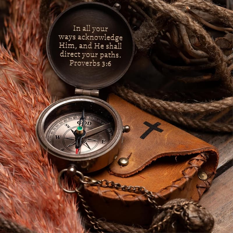 Antique Compass Gift for Boys' Baptism - Engraved Religious Design