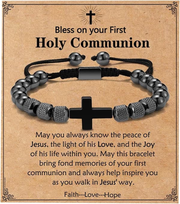 Adjustable Obsidian Beads Cross Bracelet for Boys' Communion