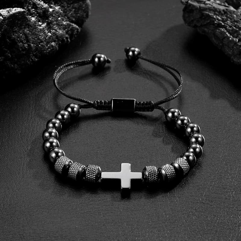 Adjustable Obsidian Beads Cross Bracelet for Boys' Communion