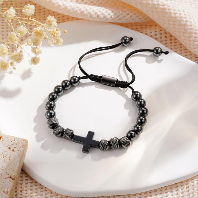 Adjustable Obsidian Beads Cross Bracelet for Boys' Communion
