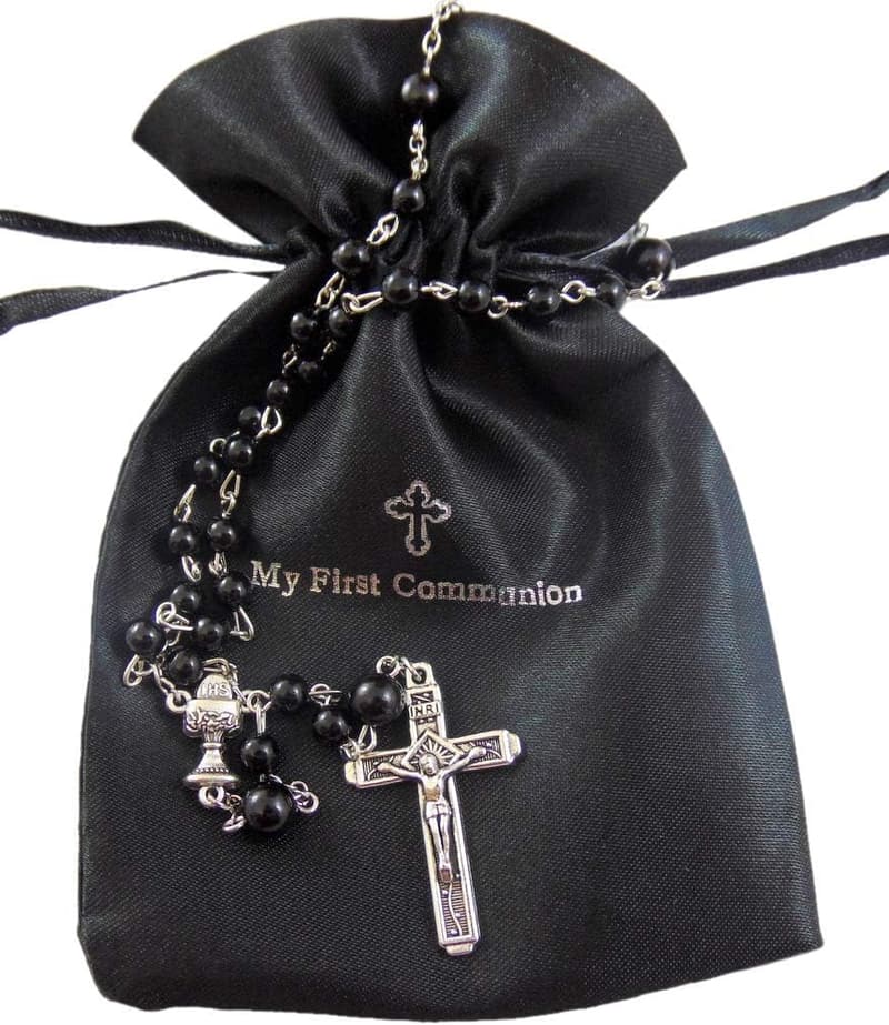 First Communion Rosary Beads with Metal Crucifix & Gift Bag