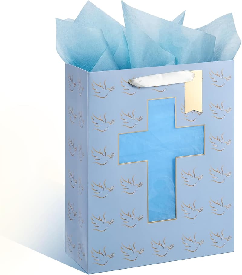 Baptism Gift Bag with Cross Cut Window & Tissue Paper