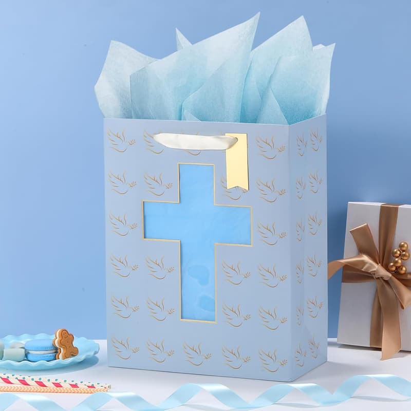 Baptism Gift Bag with Cross Cut Window & Tissue Paper