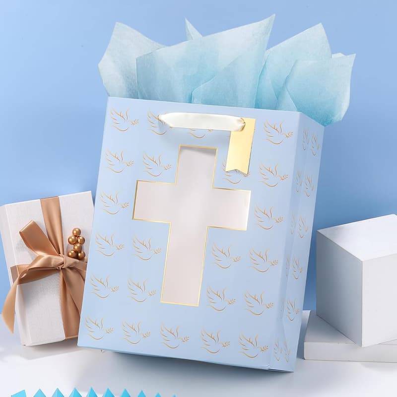 Baptism Gift Bag with Cross Cut Window & Tissue Paper