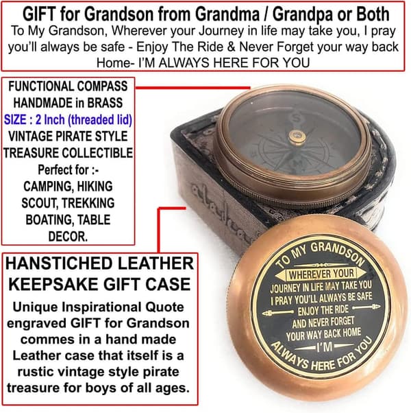 Engraved Brass Compass for Grandson – Birthday & Graduation Gift