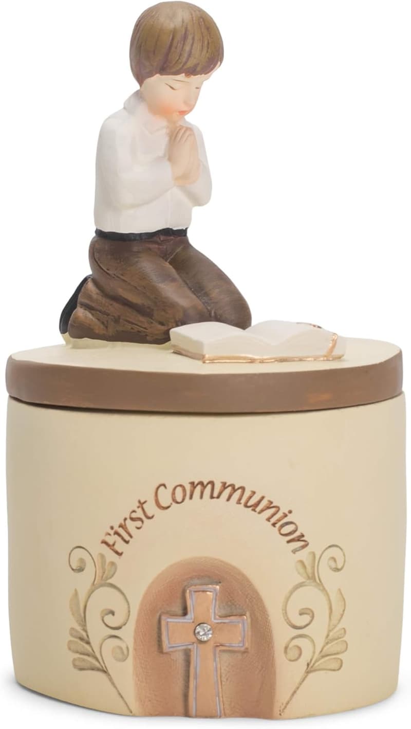 First Communion Praying Boy Keepsake Box - 5 Inch Resin