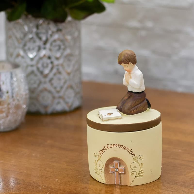 First Communion Praying Boy Keepsake Box - 5 Inch Resin