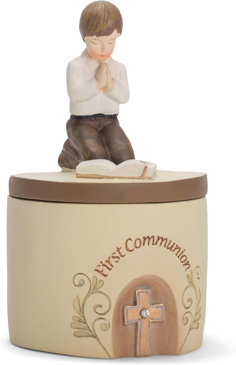 First Communion Praying Boy Keepsake Box - 5 Inch Resin