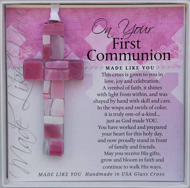 Handmade Pink Mosaic Glass Cross - First Communion Gift for Girls