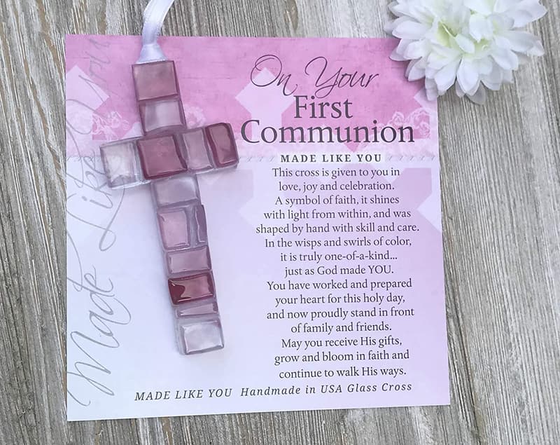 Handmade Pink Mosaic Glass Cross - First Communion Gift for Girls