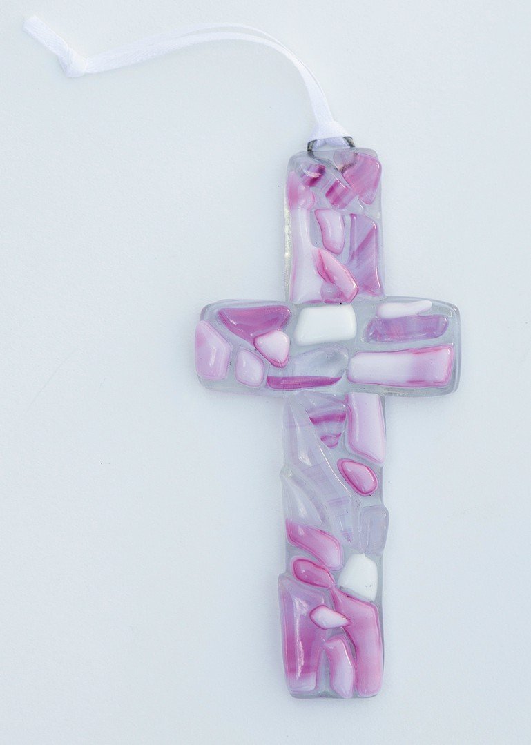 Handmade Pink Mosaic Glass Cross - First Communion Gift for Girls