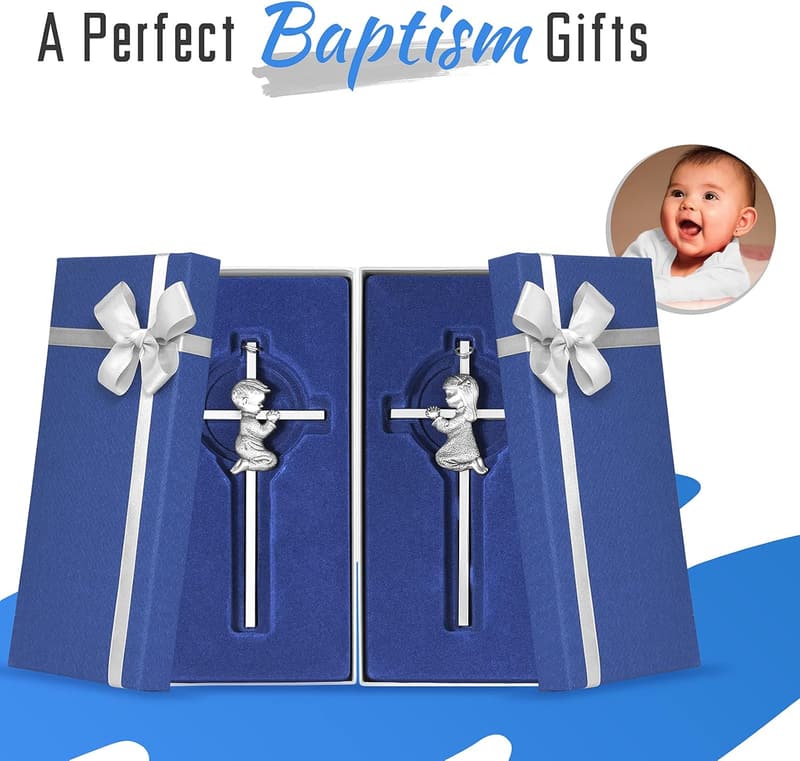 Baptism Wall Cross Set for Boys and Girls - Silver - 6in