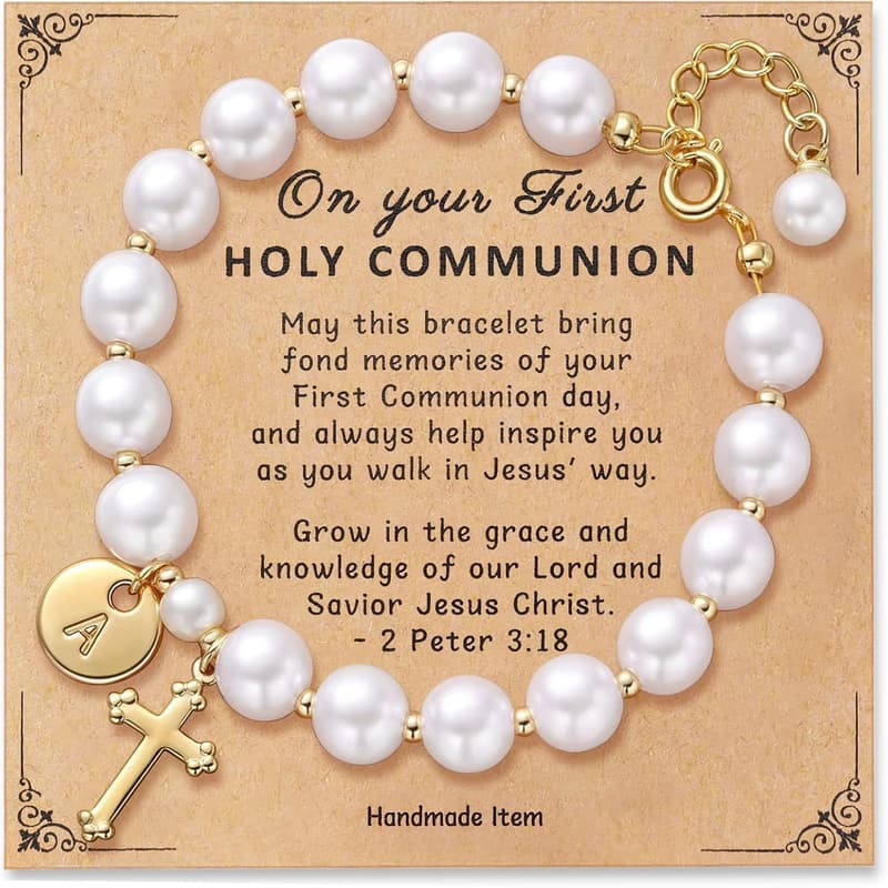 14K Gold Pearl Cross Charm Bracelet - Personalized Communion Gift
