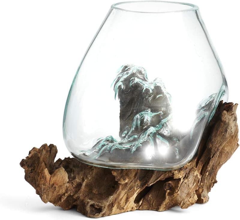 Natural Wood and Recycled Glass Molten Luminary Sculpture