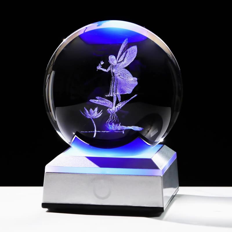 3D Engraved Crystal Ball with Dragonfly & LED Base for Her