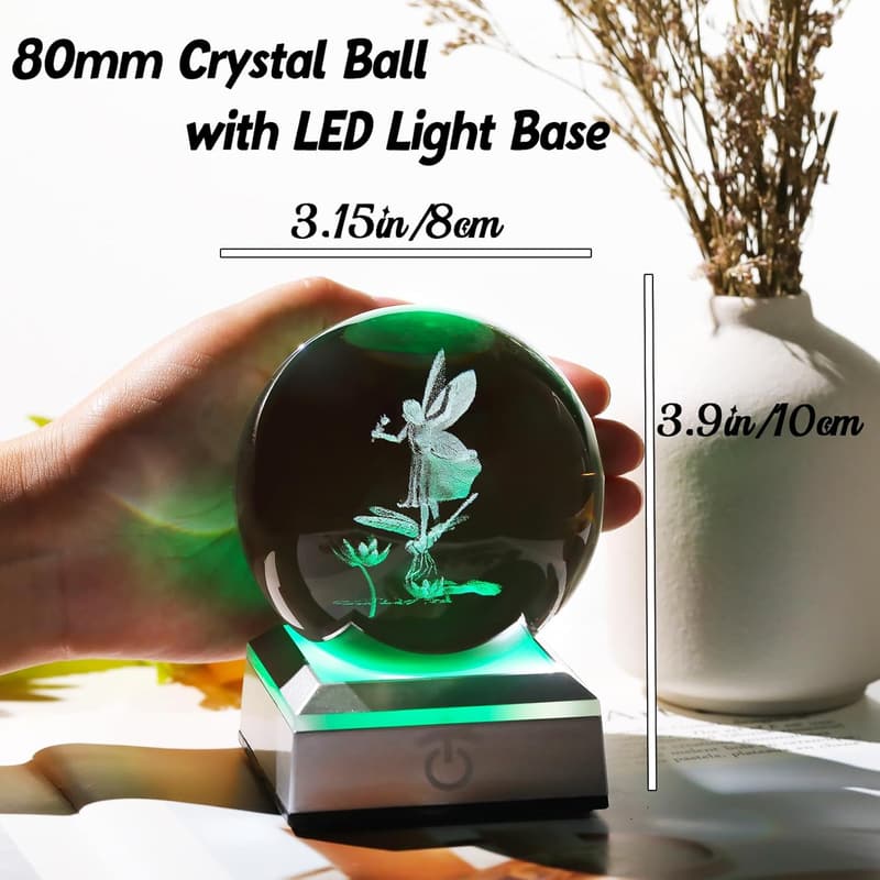 3D Engraved Crystal Ball with Dragonfly & LED Base for Her