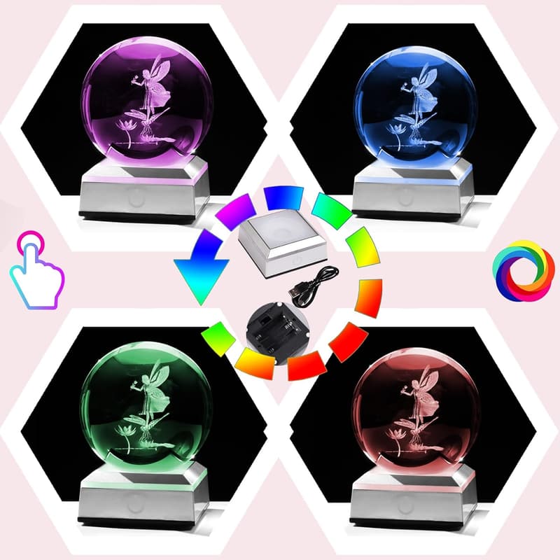 3D Engraved Crystal Ball with Dragonfly & LED Base for Her