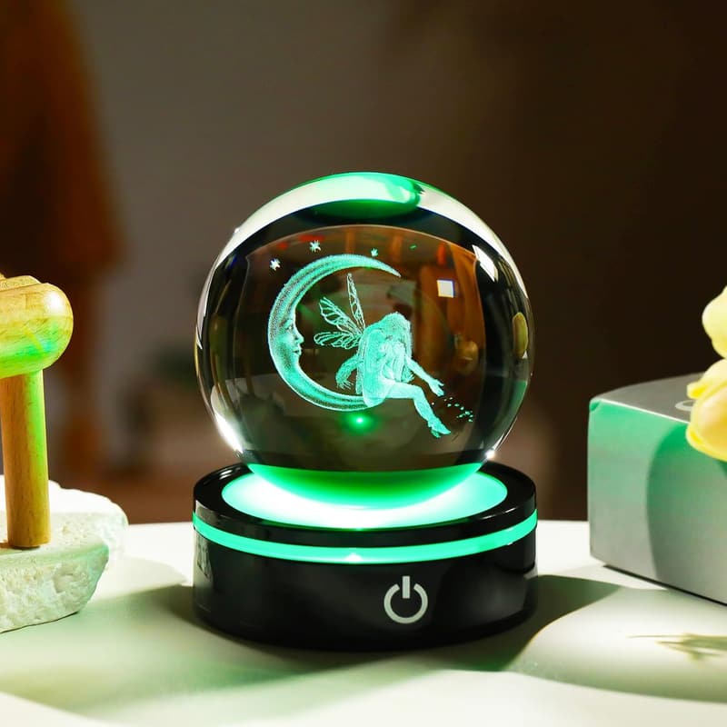 3D Moon Fairy Crystal Ball with Colorful Light Base for Women