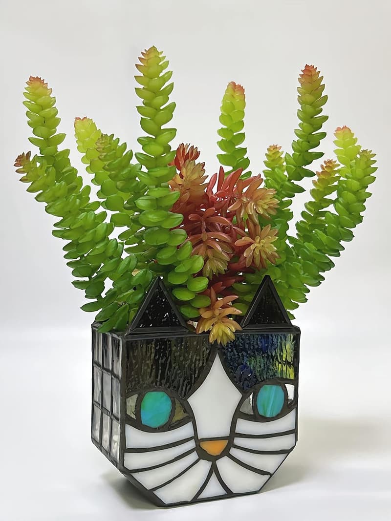 Tiffany Cat Stained Glass Planter and Candle Holder Display