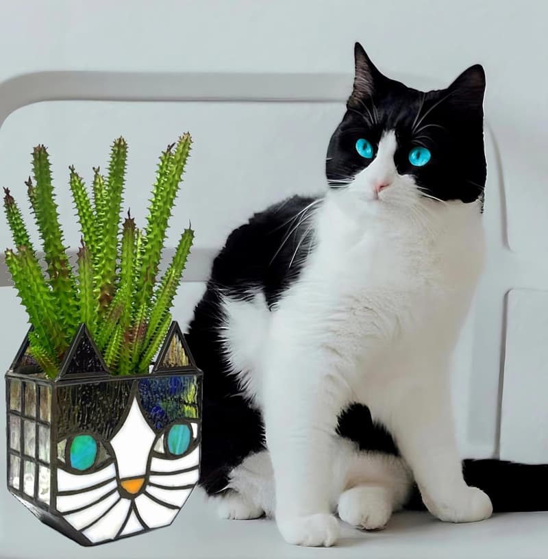 Tiffany Cat Stained Glass Planter and Candle Holder Display