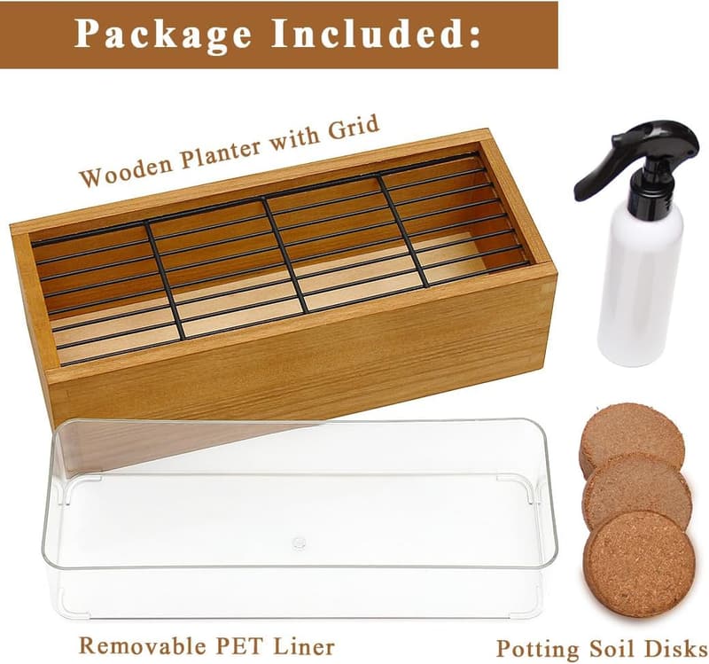 Cat Grass Kit for Indoor Cats - Wooden Planter with Removable Liner