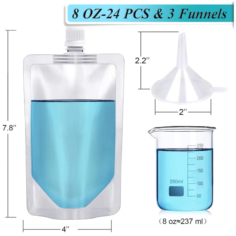 24 Pack 8 Oz Leak-Proof Reusable Drink Pouches for Travel