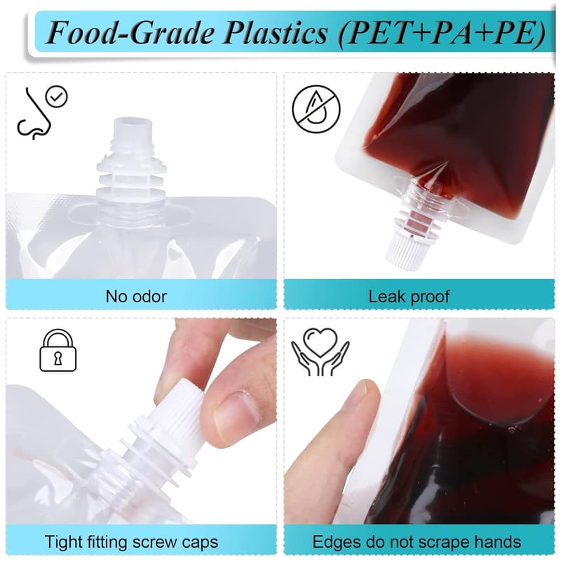 24 Pack 8 Oz Leak-Proof Reusable Drink Pouches for Travel
