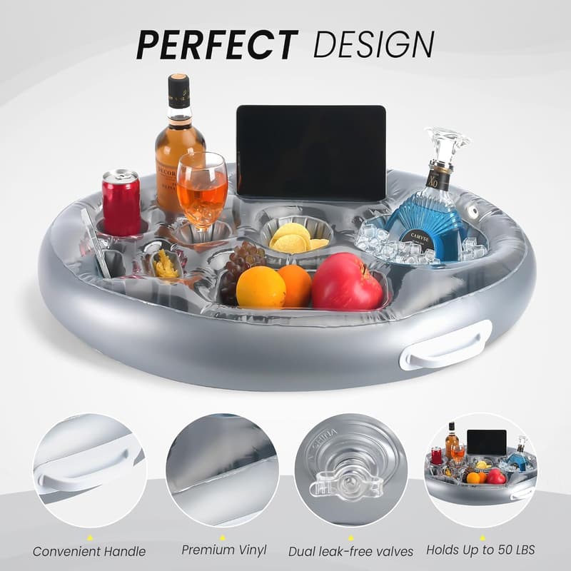 Inflatable Drink Holder Float for Pools and Hot Tubs (Silver)