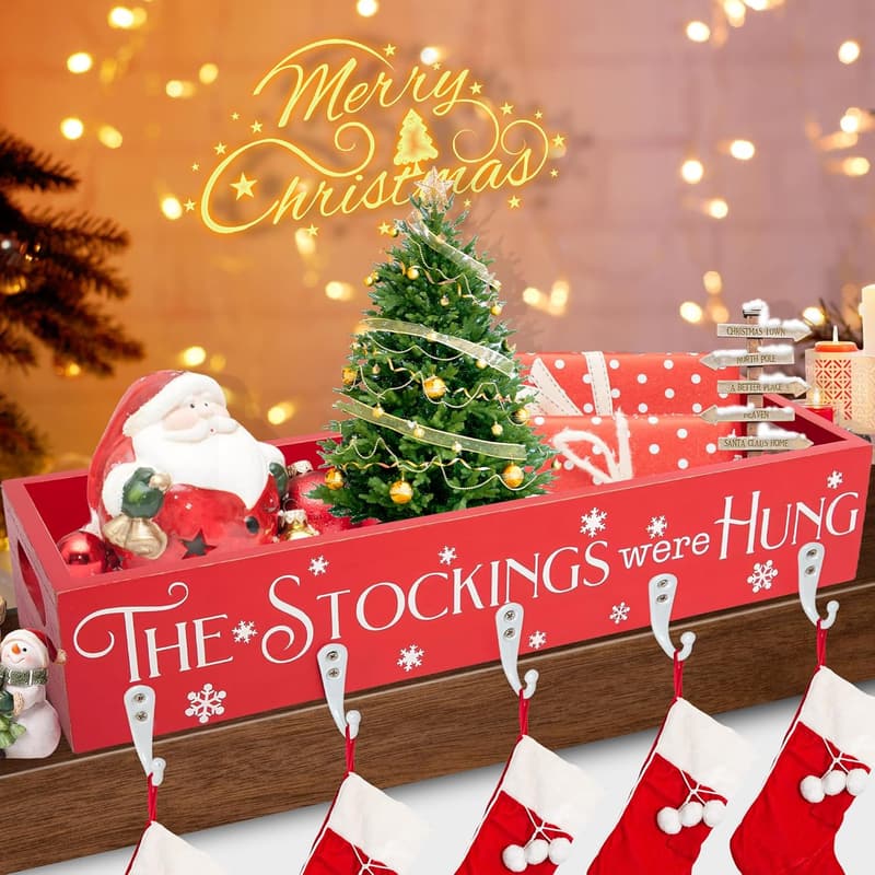 Wooden Stocking Holder Box with 5 Hooks for Christmas Decor
