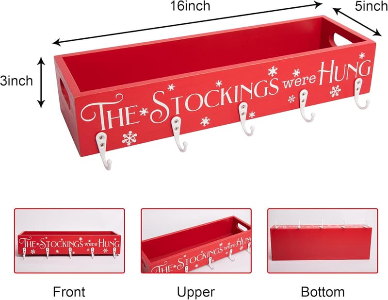 Wooden Stocking Holder Box with 5 Hooks for Christmas Decor