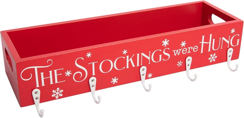 Wooden Stocking Holder Box with 5 Hooks for Christmas Decor
