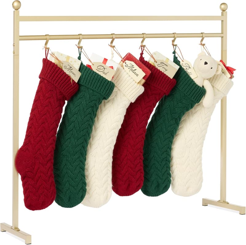 Gold Christmas Stocking Holder Stand with 12 Hooks & Name Tags