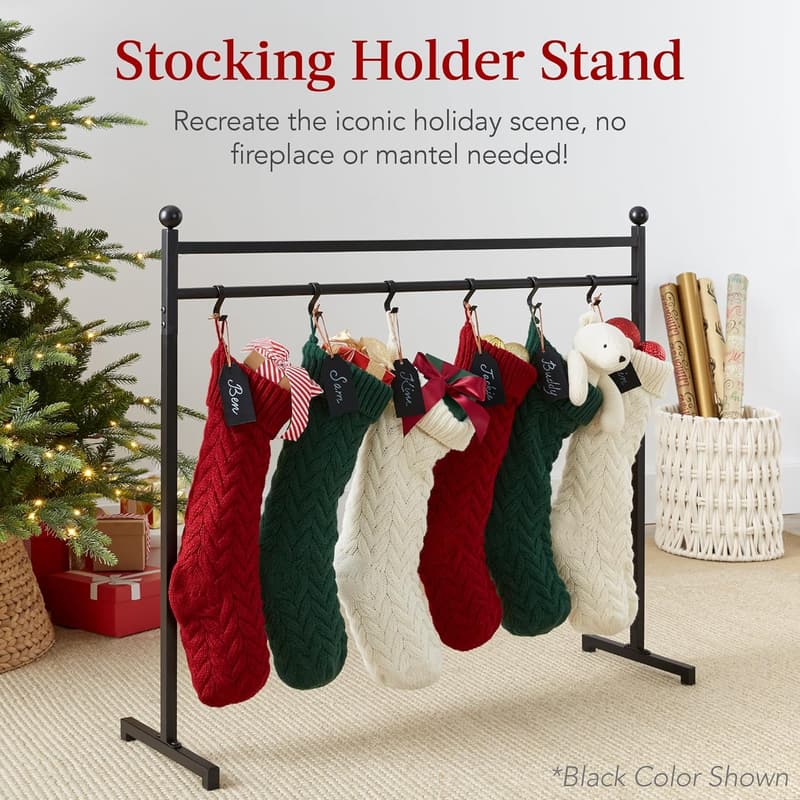 Gold Christmas Stocking Holder Stand with 12 Hooks & Name Tags
