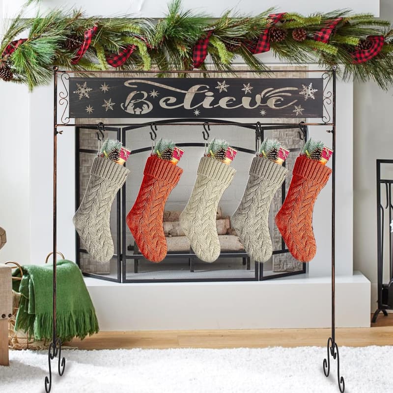 Free-Standing Metal Christmas Stocking Holder with 5 Hooks
