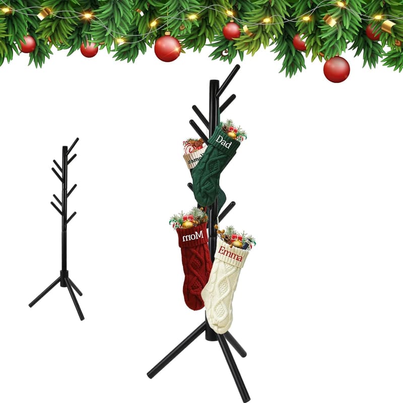 Wooden Christmas Stocking Holder Stand with 8 Hooks