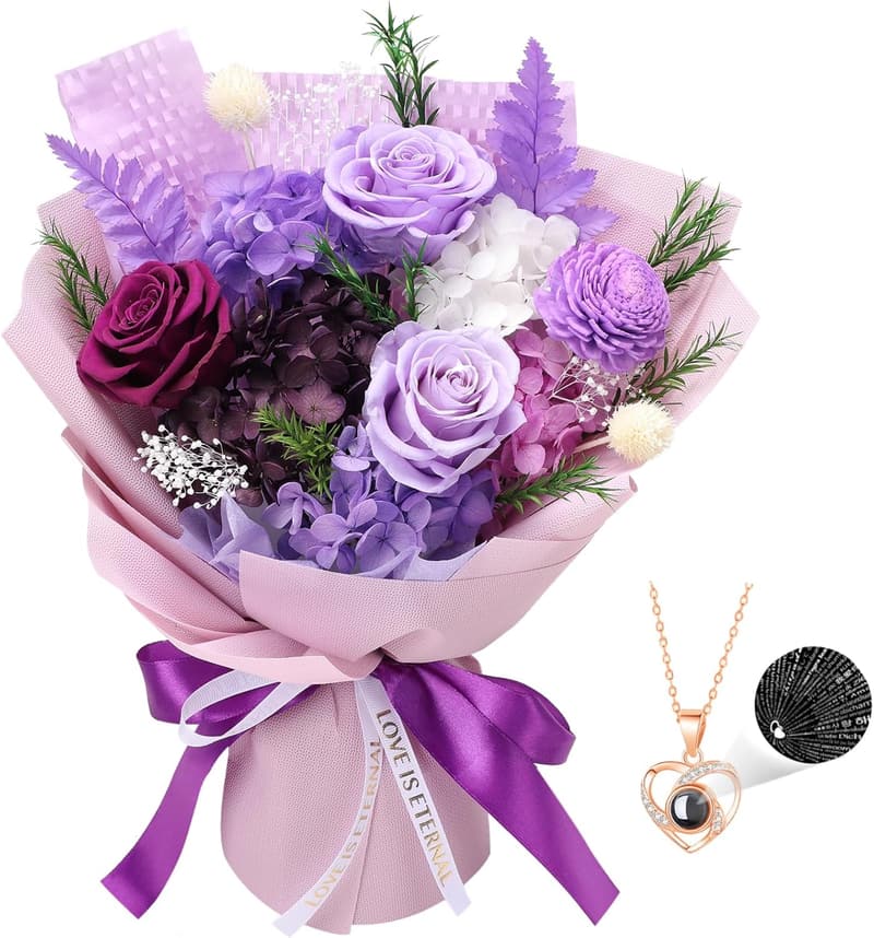 Forever Purple Preserved Flower Bouquet with Necklace for Her
