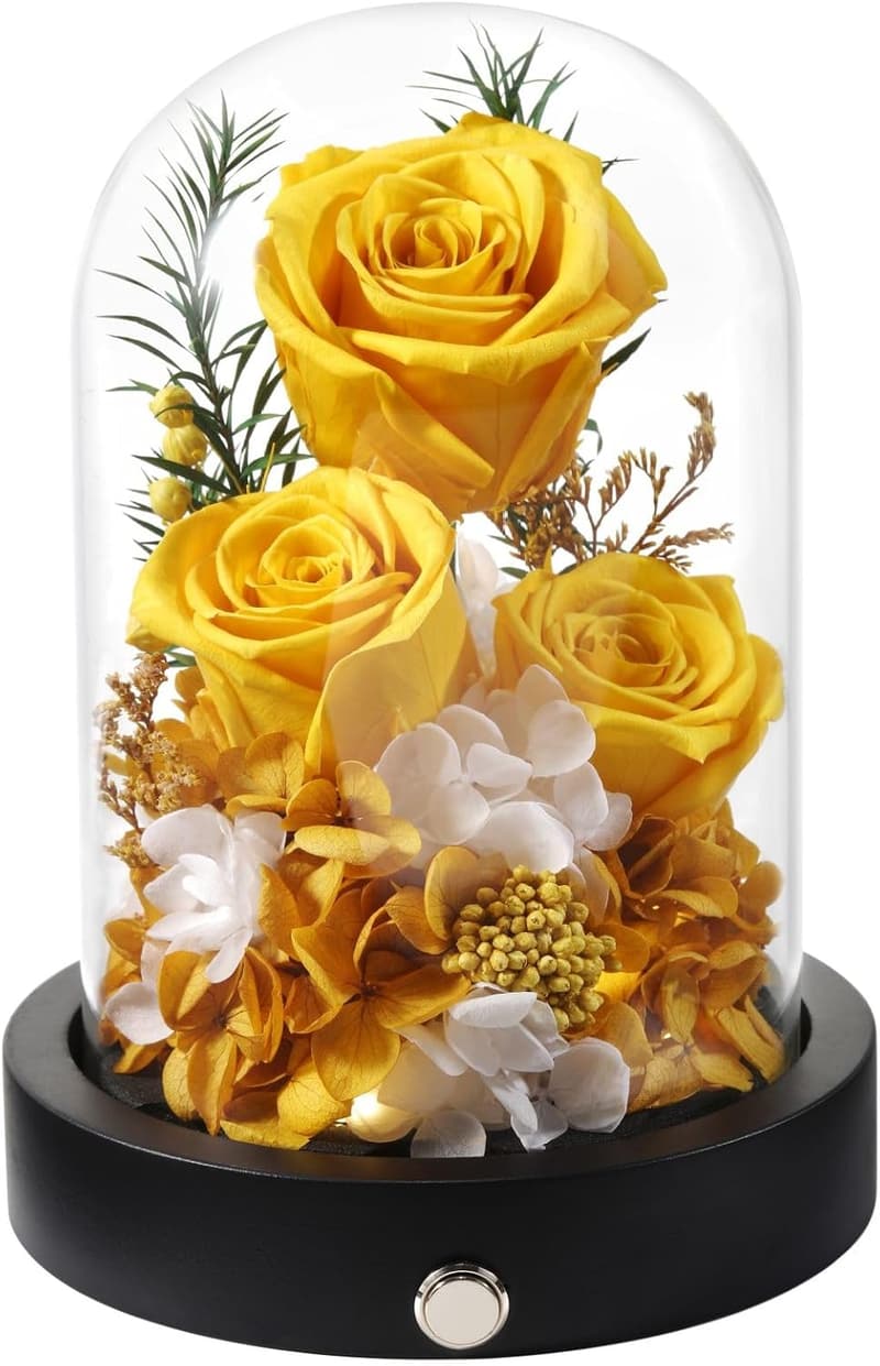 Valentine's Day Preserved Yellow Rose in Glass Dome with LED