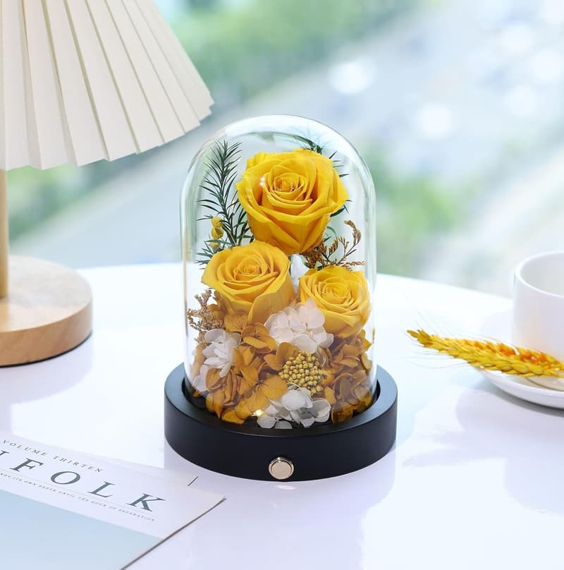 Valentine's Day Preserved Yellow Rose in Glass Dome with LED