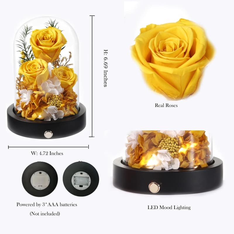 Valentine's Day Preserved Yellow Rose in Glass Dome with LED
