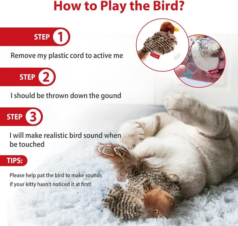 Interactive Chirping Bird Cat Toy with Squeak and Feather Tail