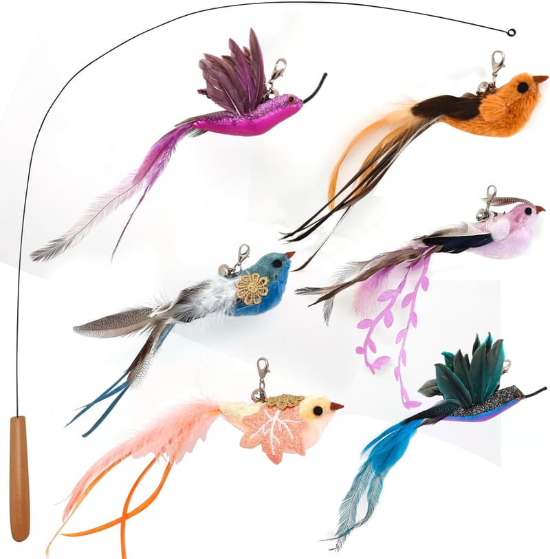 Indoor Cat Teaser Wand Toy with Feathers and Bells - 7 PCS