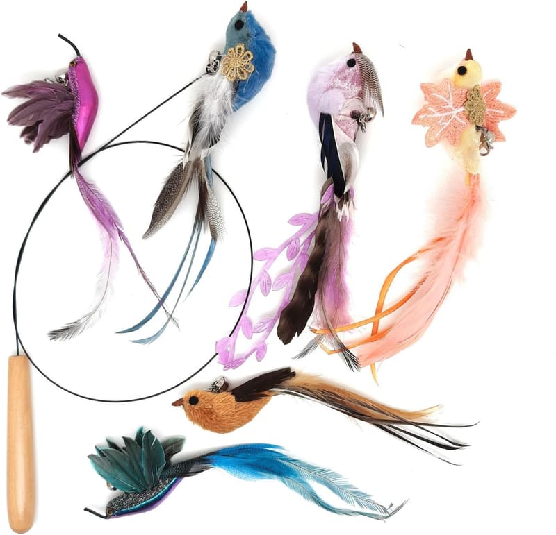 Indoor Cat Teaser Wand Toy with Feathers and Bells - 7 PCS