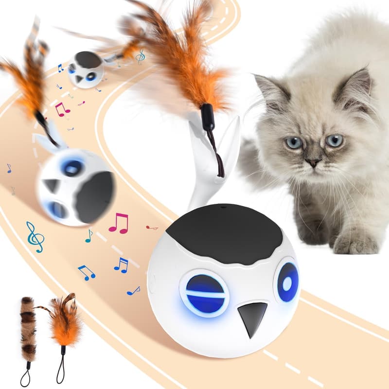 Interactive Electric Cat Ball Toy with Voice Control and Feather Tails
