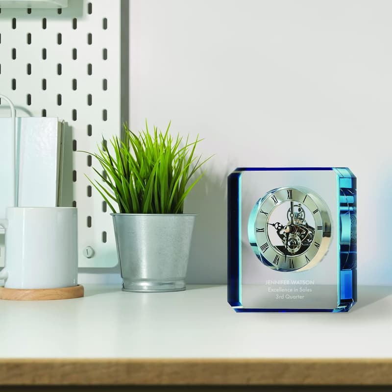 Personalized Engraved Crystal Clock Trophy for Employee Appreciation
