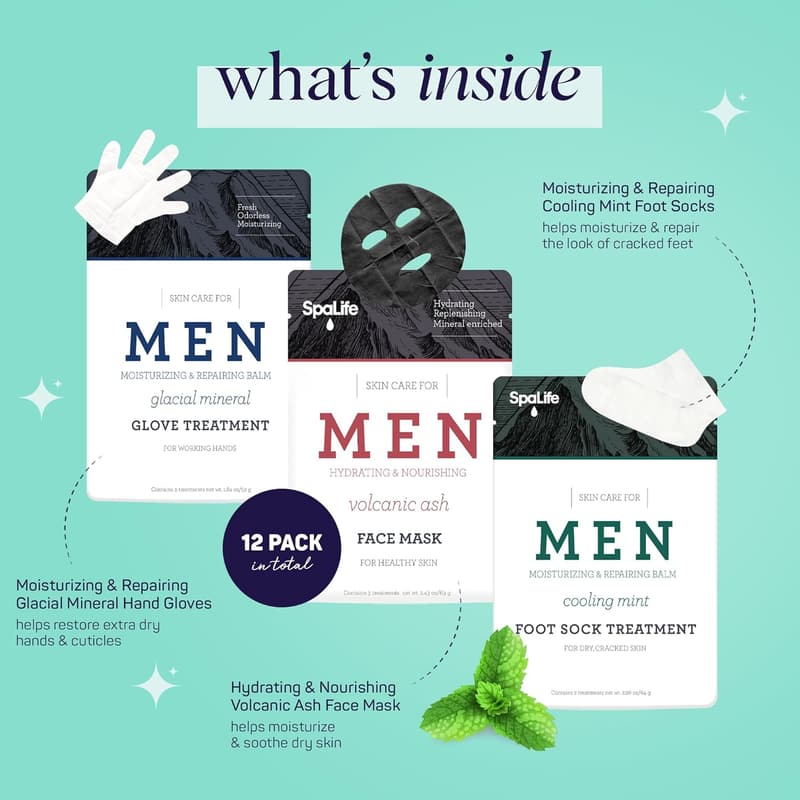 Men's Spa Set: Moisturizing Face Mask, Hand Gloves, and Foot Socks